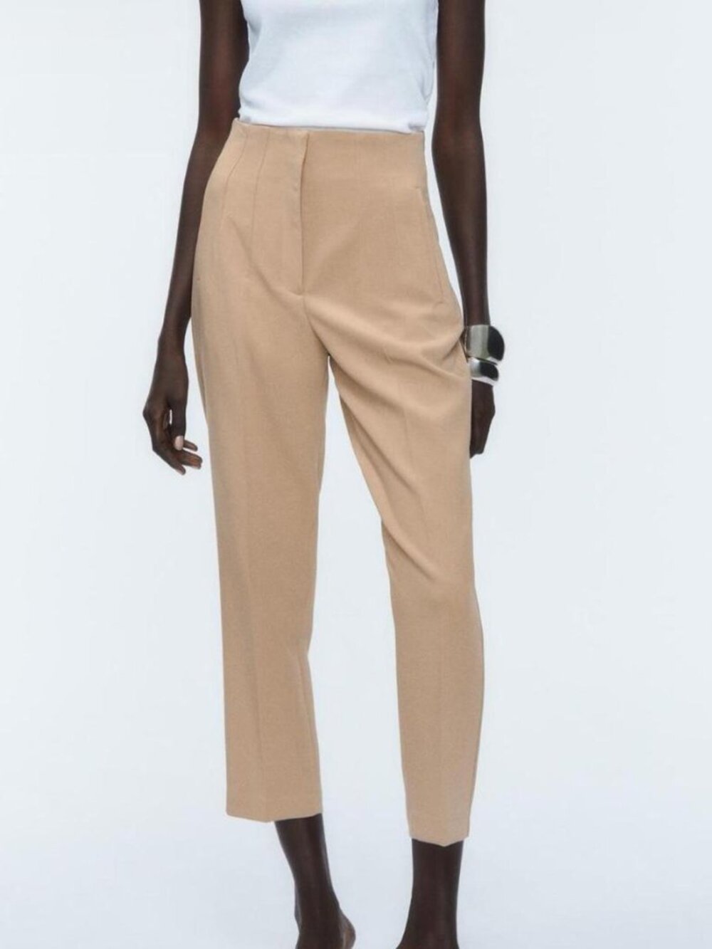 Zara High Waisted Darted Tan Beige Pants Trousers Size M